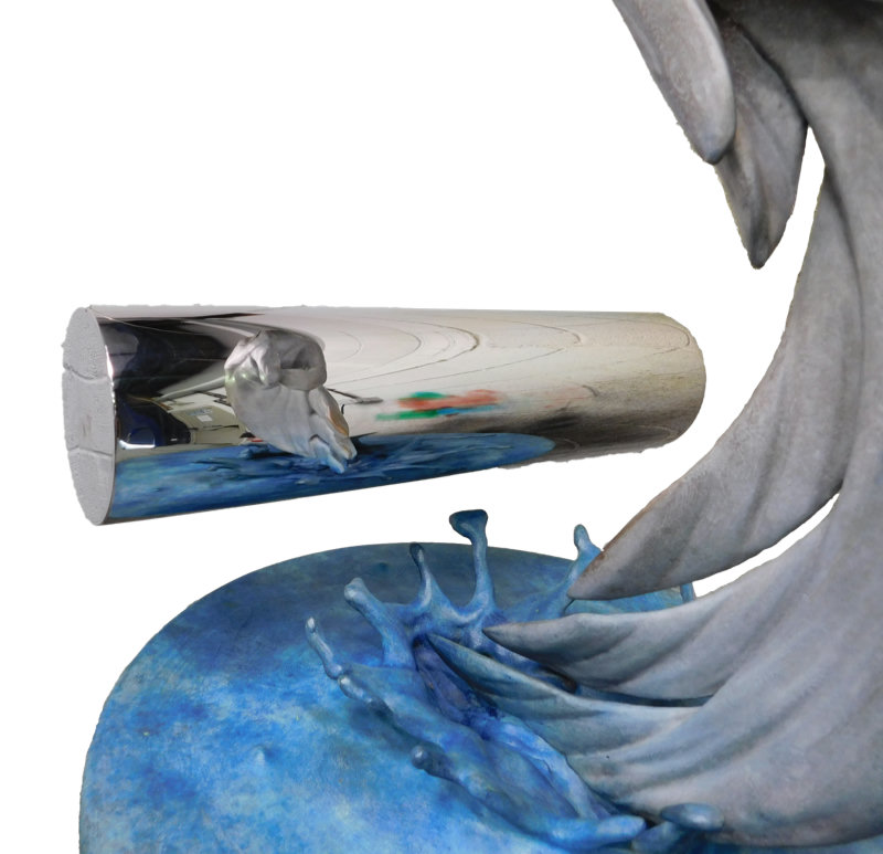 Conciseness (dolphin) by Jonty Hurwitz: a distorted dolphin sculpture and its reflection in a mirror cylinder