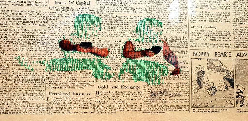 Jonty Hurwitz & Yifat Davidoff, The Children are Blackberrying Today, Polargraph Drawing On Original Daily Herald Newspaper Clip (September 4, 1939), 2018