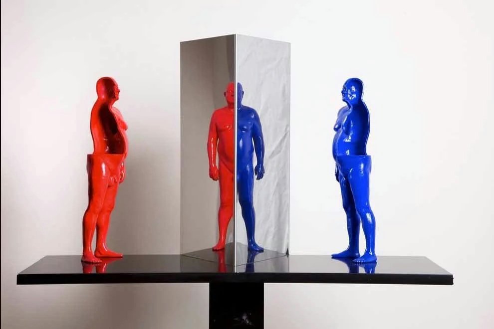 Jonty Hurwitz & Yifat Davidoff, Dad I Can't See You Properly (La La Land), Gypsum, Sandstone, Acrylic, Stainless Steel, 2025